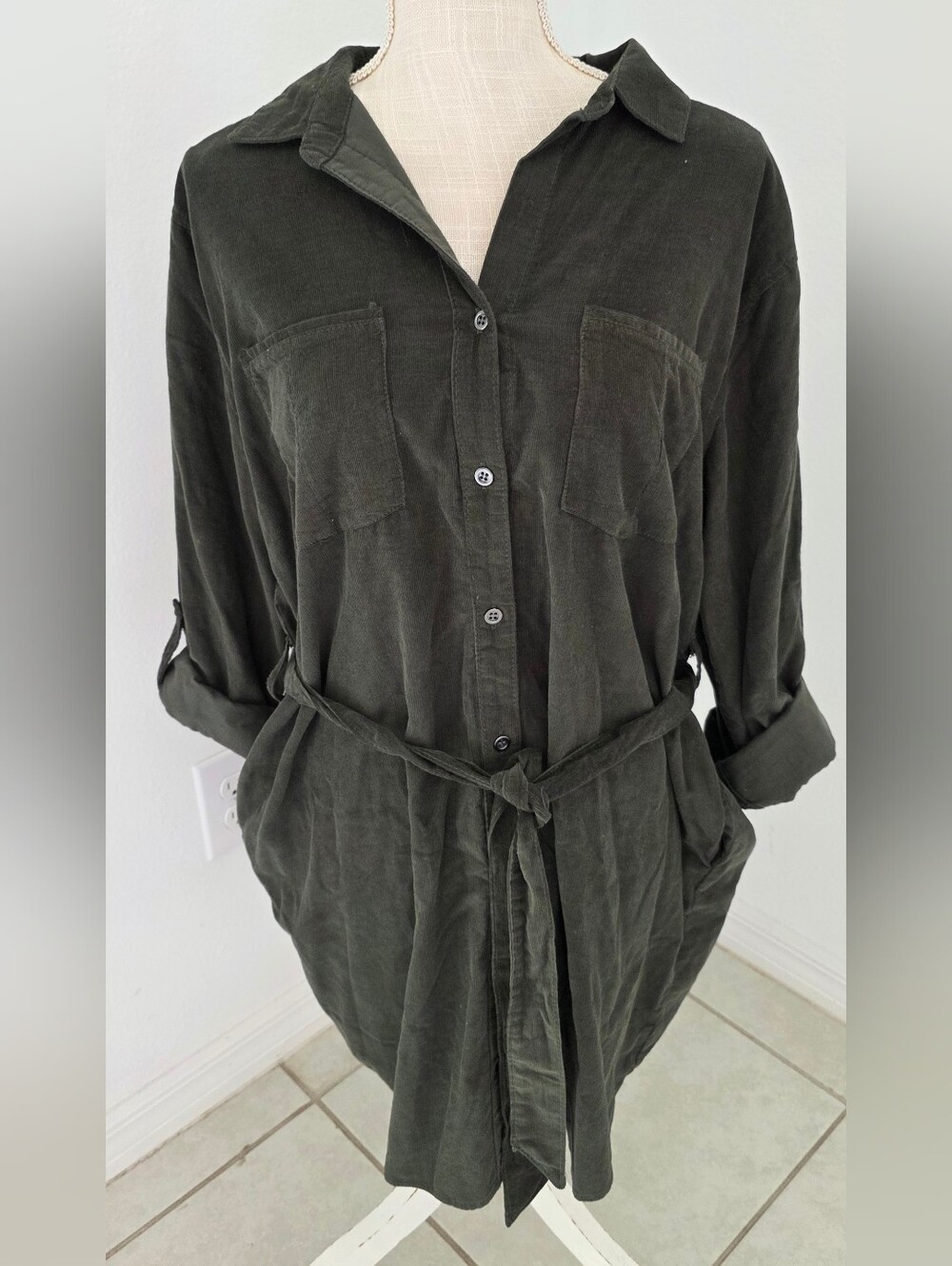 Lucky Brand Olive Tie-Waist Shirt Dress